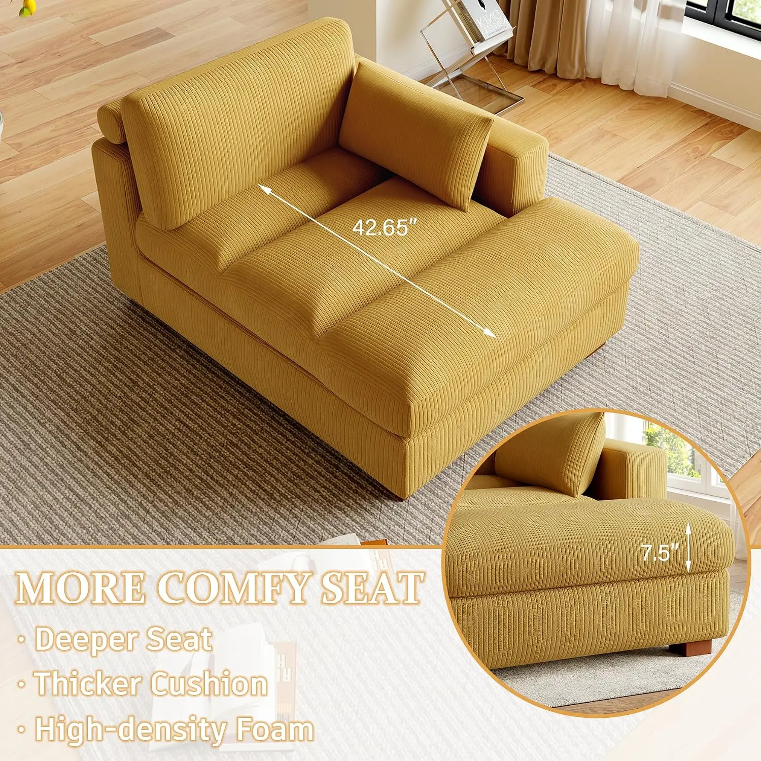 Oversized Corduroy Chaise Lounge Sofa with Left Armrest & Throw Pillows for Bedroom Living Room, Customized