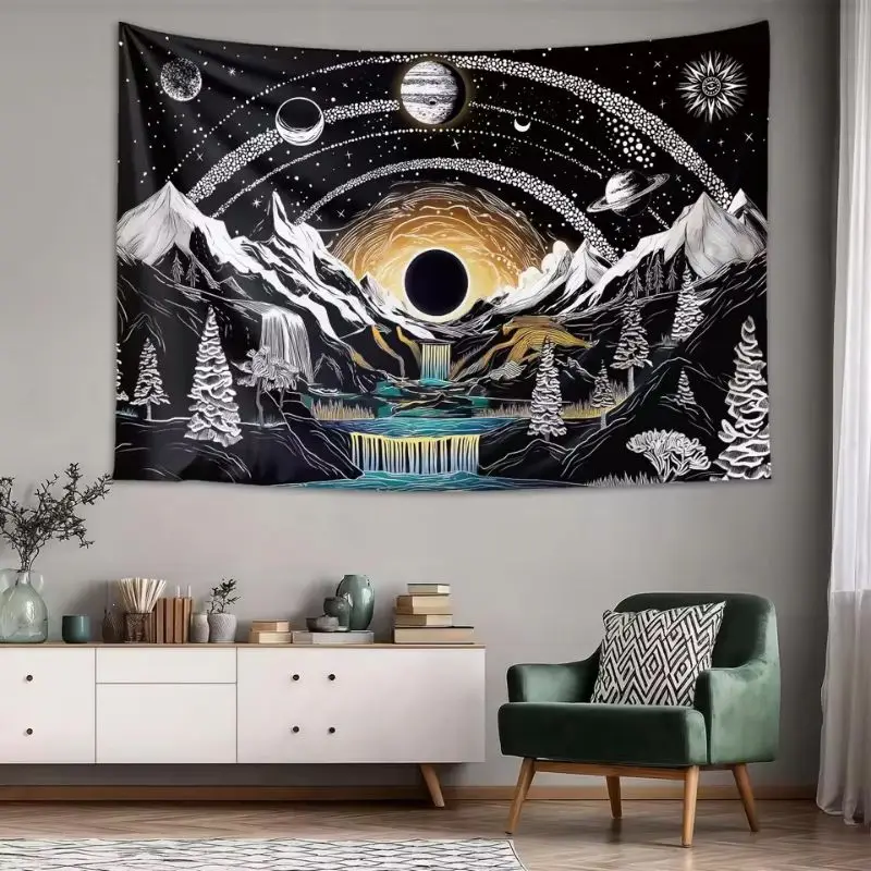 VIKAMA Mountains Planet Space Tapestry, Universe Waterfall Forest Wall Hanging, Aesthetic Bedroom Dorm Decor