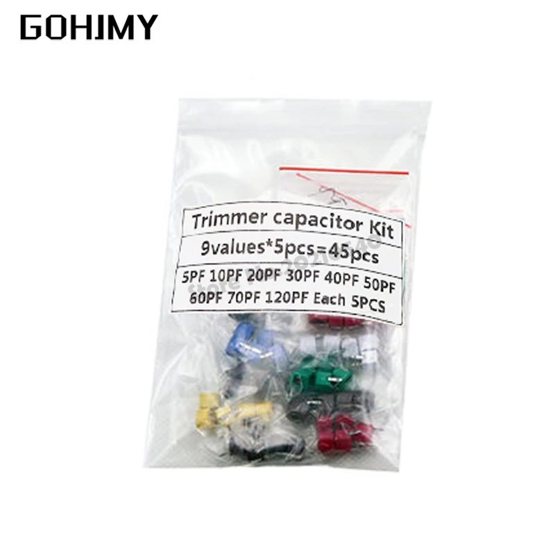 45pcs Variable Trimmer capacitor Assorted Kit JML06 5pf 10pf 20pf 30pf 40pf 50pf 60pf 70pf 120pf Adjustable capacitors set pack