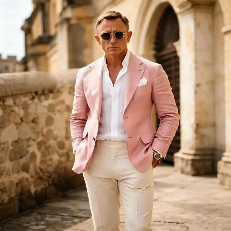 Sage Green Men Suits 2 Pieces Wedding Prom Party Summer Lightweight Linen Slim Fit Casual Blazer Jacket & Pants Set Breathable