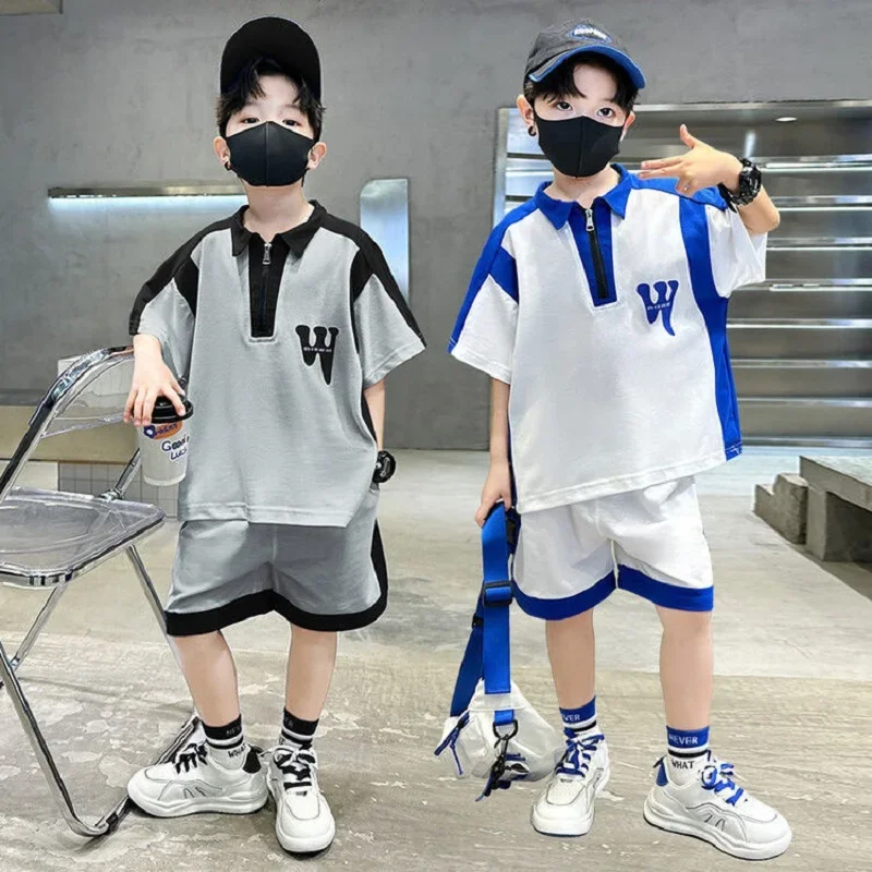 

Summer Casual Boys Cotton Alphabet Half Zip Preppy T-Shirt Top+Shorts School Kids Tracksuit Child 2PCS Outfit Workout Set 5-16Yr