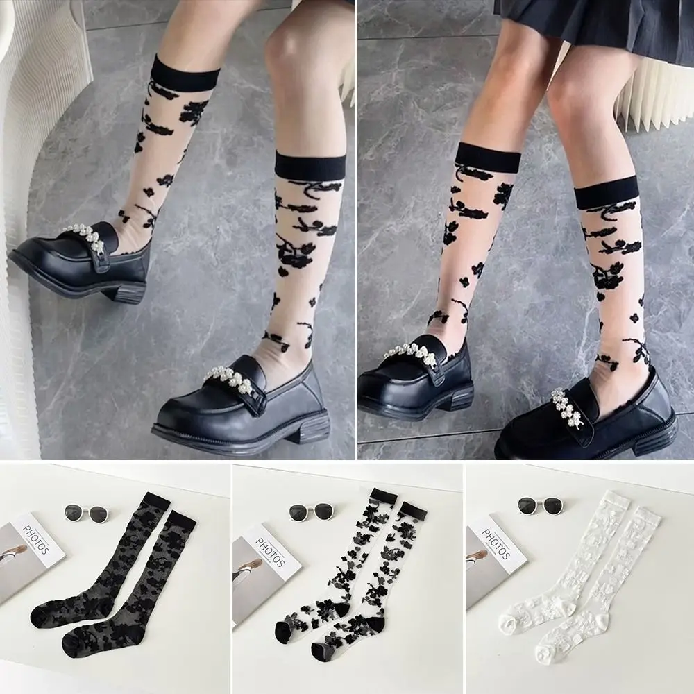 Sexy Ultra-thin Long Socks Knee High Nylon Flower Knee Socks Transparent Mesh Crystal Silk Socks Ladies