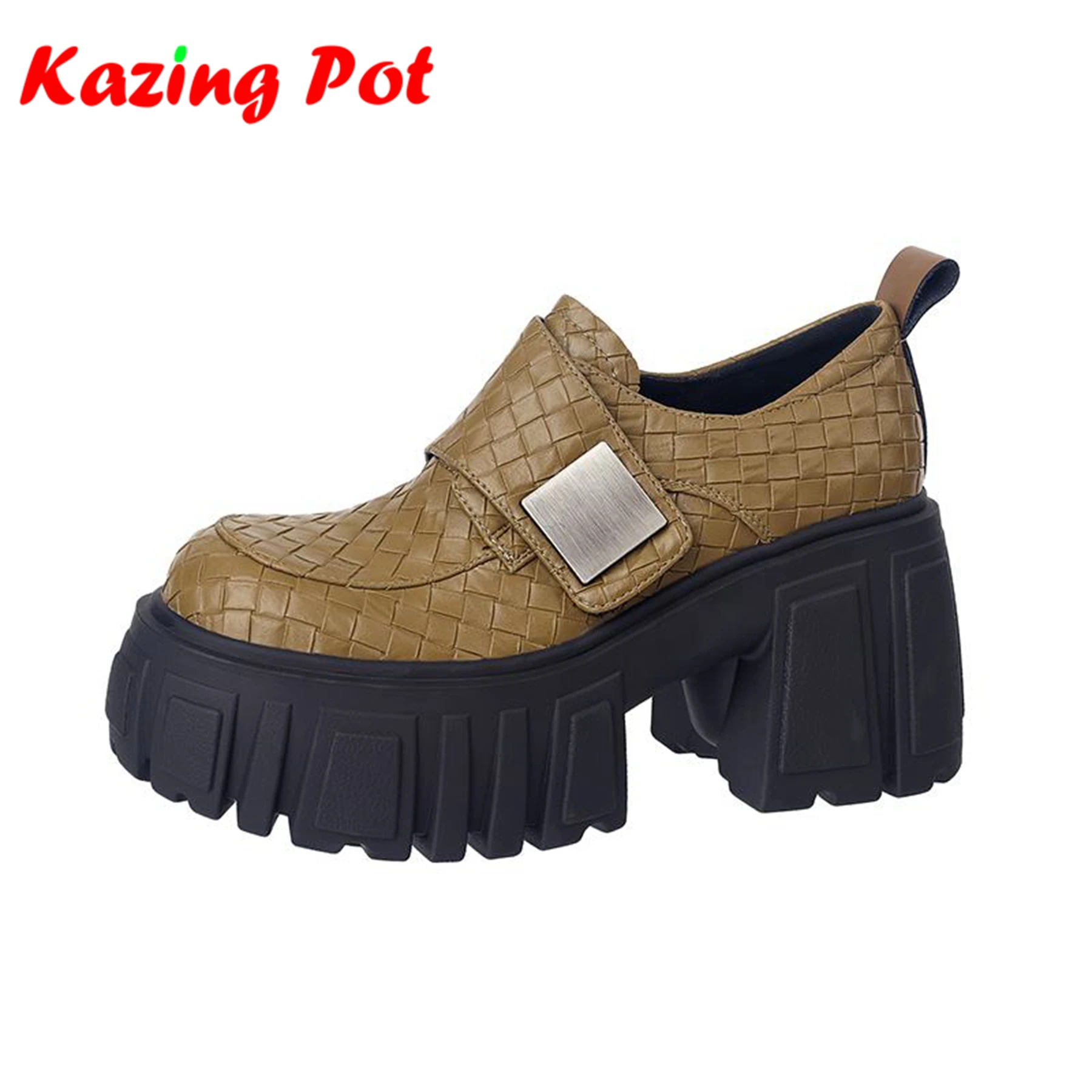 Krazing Pot Genuine Leather Round Toe Thick Bottom Wedges Non-slip Business Casual Platform Gingham Prints Leisure Women Pumps