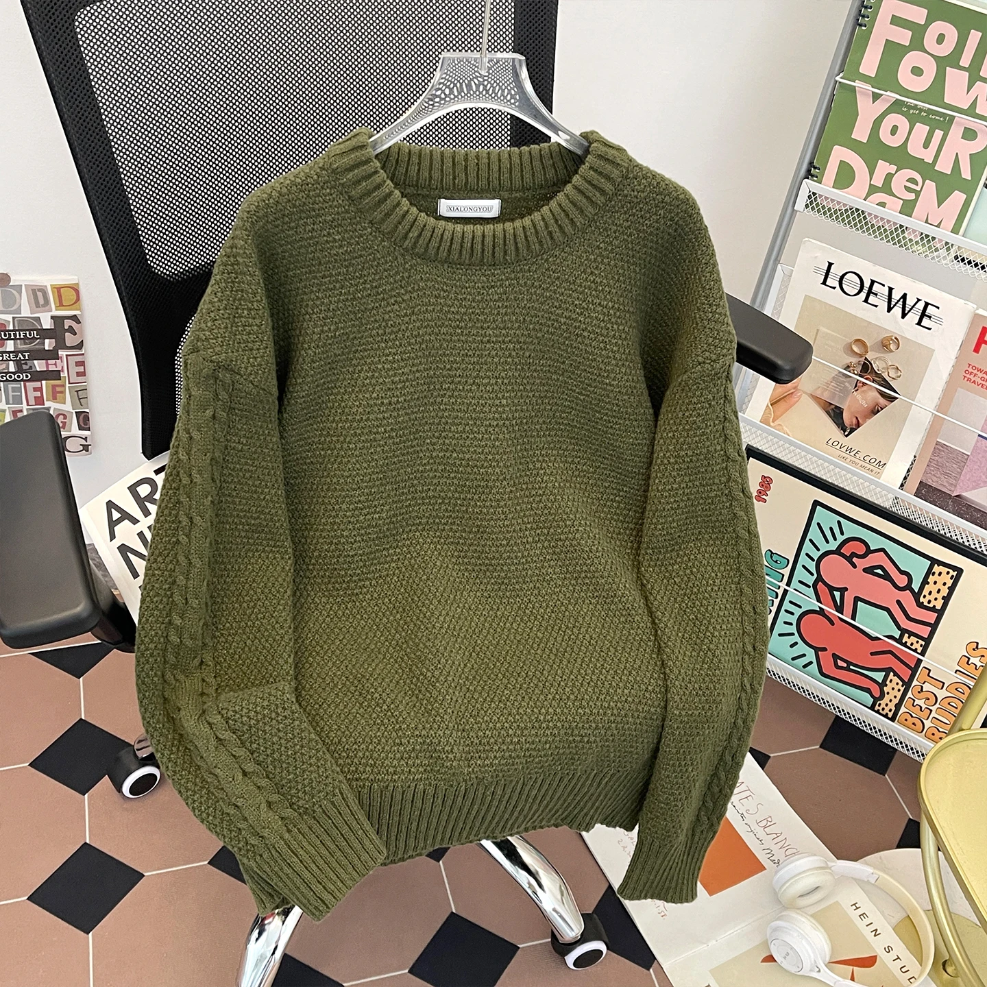 

Мужской вязаный свитер с круглым вырезом, осенне-зимний, с узором «сосна», теплый, с узором «косы», однотонный, повседневный, модный, свободного кроя, топ