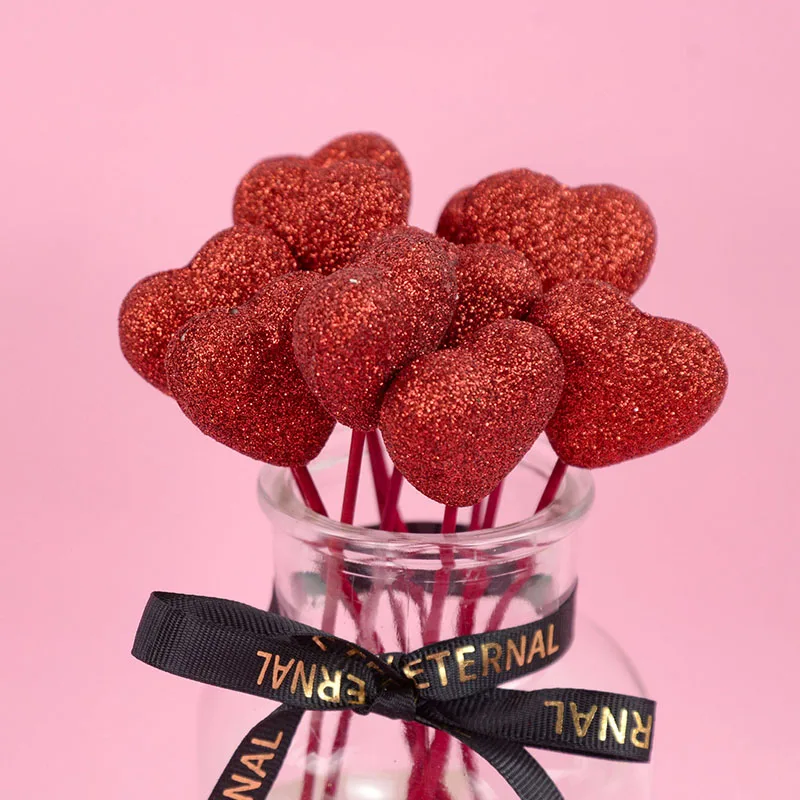 10/20Pcs Red Pink Glitter Foam Hearts Picks Stick For Valentine\'s Day Flower Bouquet Home Vase Picks Wedding Cake Topper Decor