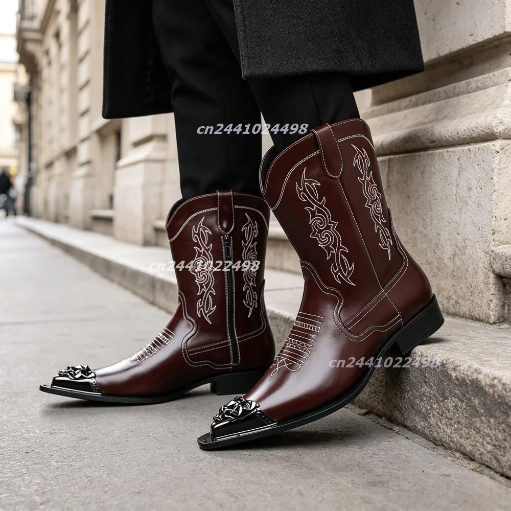 Men's Vintage Tribal Embroidery Cowboy Boots Pointed Toe Metal Toe Shoes Side Zipper Block Heel Fashion Country Style Footwear