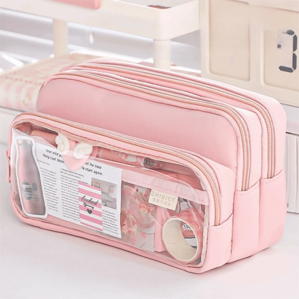 New Color-Block Pen Bag Transparent Pocket Multi-Compartment Pencil Case Large Capacity with Zipper Multi-layer Pen Pouch School