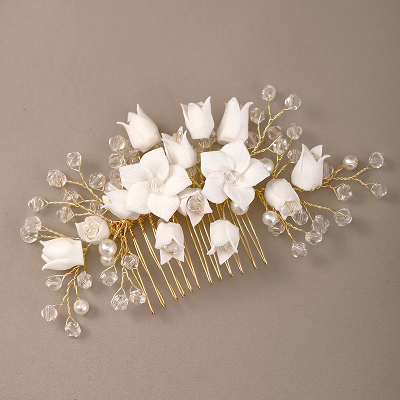 

New Gold Porcelain Wedding Hair Accessories Headdress Rhinestone Hair Comb Bride Tiara Handmade hair Jewellery Ladies hair comb