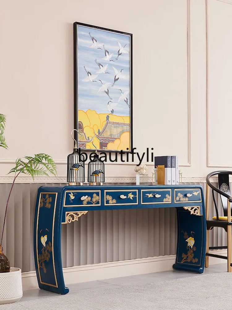 New Chinese blue painted crane original solid wood nave table furniture entrance foyer entrance cabinet table case