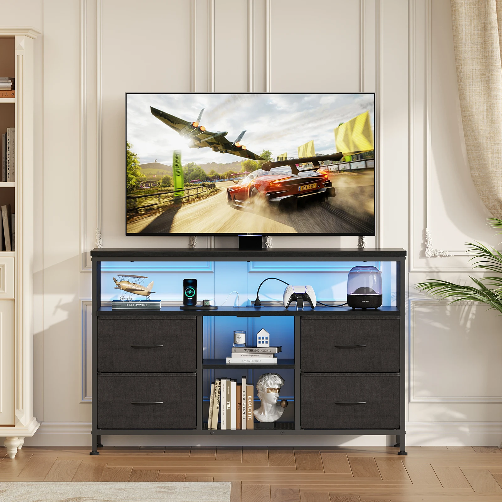MCQ Fabric 4 Drawers Cabinet with LED Lights For Living Room Open Shelf Adjustable Feet and Media Console for 43 50 Inch TV Dresser Tables Storage Closet Chest Living Room Furniture