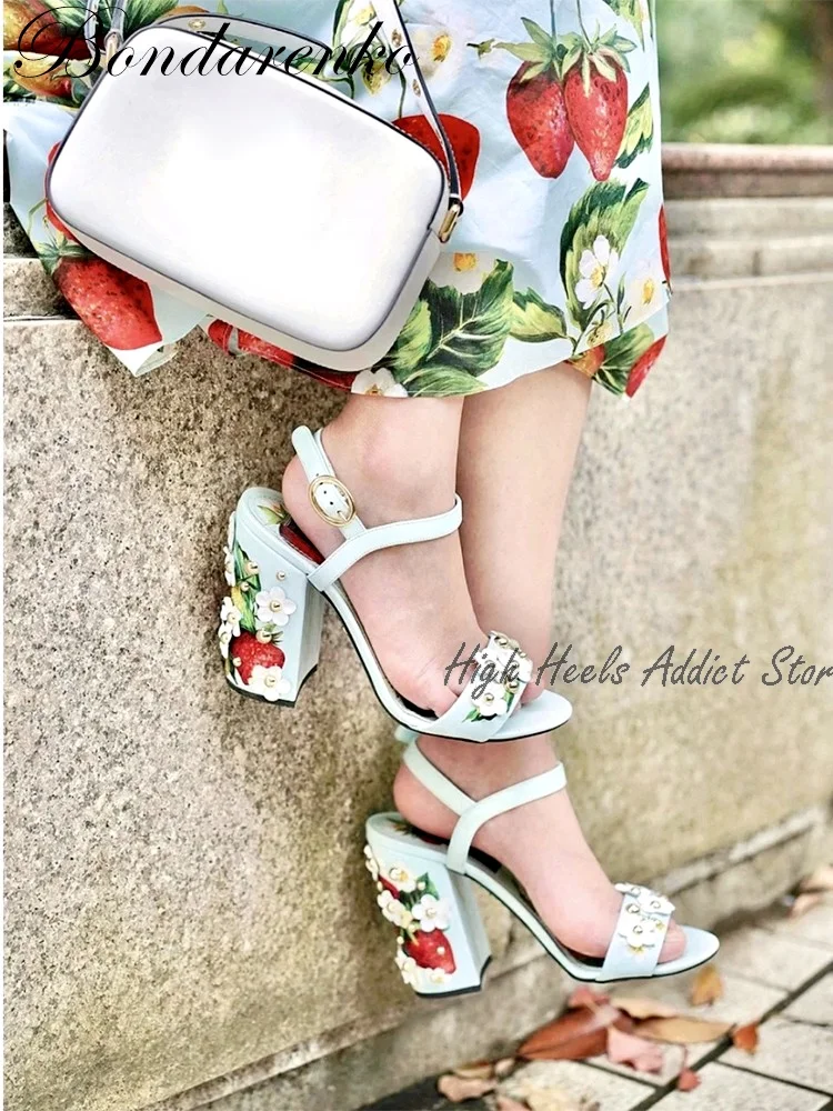 Embroidery Painted Heel  Ankle Strap Sandals for Women Flower Decor Floral Chunky Heel Sandals Calfskin Designer Brand Shoes