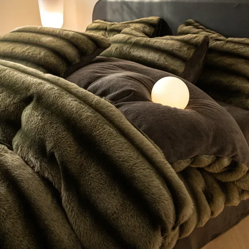 Winter Thick Warm Luxury Bedding Set Include Quilt Cover Sheet Pillowcase Solid Color Coral Velvet Soft Queen Duvet Cover Set