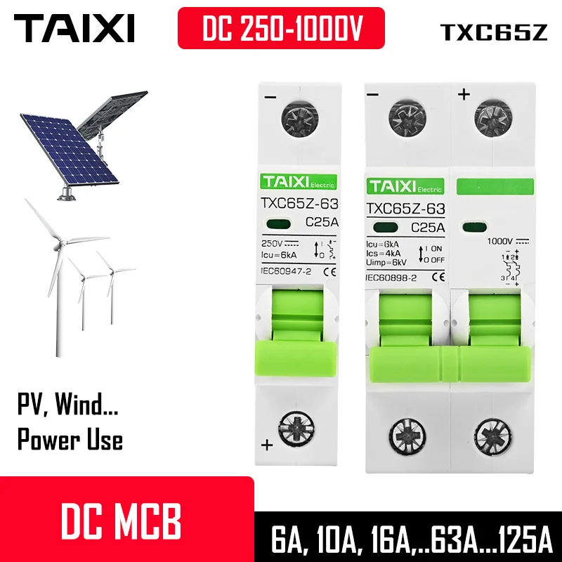 DC1000V Circuit Breaker 2P MCB 1P Short Circuit Protector 6A 10A 16A 20A 50A 60A 100A 125A DC24V 48V 100V Voltage Solar Power