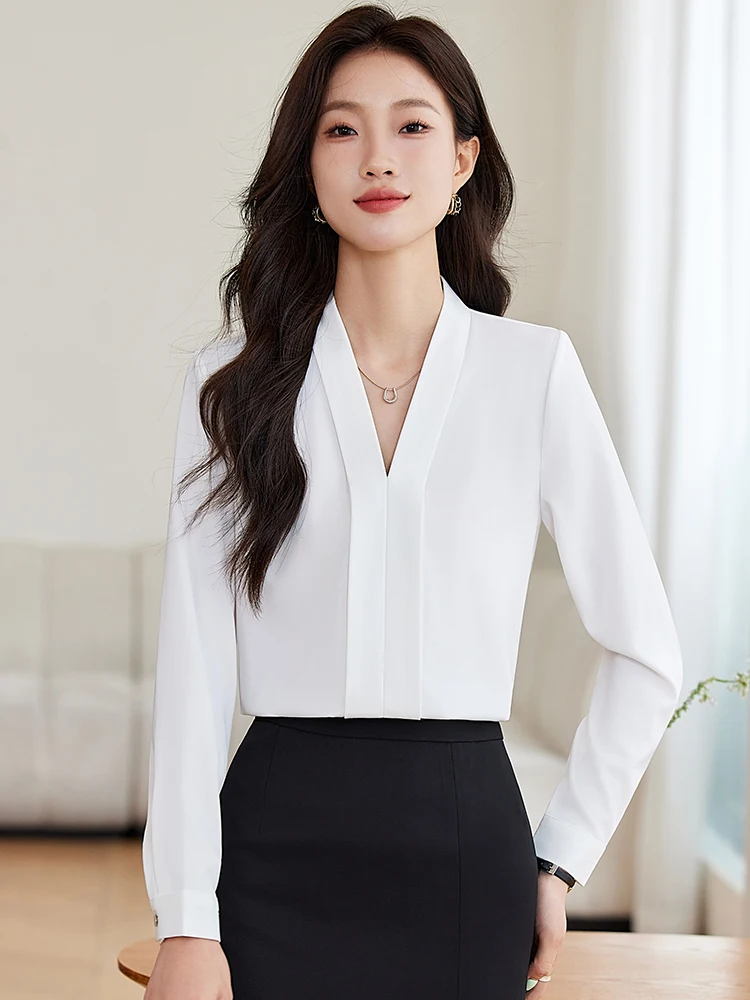 

White V-Neck Professional Shirt Women's New 2026 Spring Inner Wear Formal Interview Set Chiffon Blouse OL Style Straight Cut