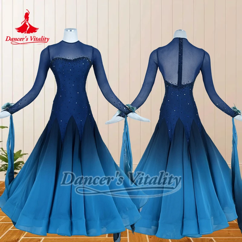 

Высококачественная одежда для соревнований вальса для взрослых, платья с длинными рукавами и сетчатым вальсом на заказ, темно-синие, с градиентом цвета