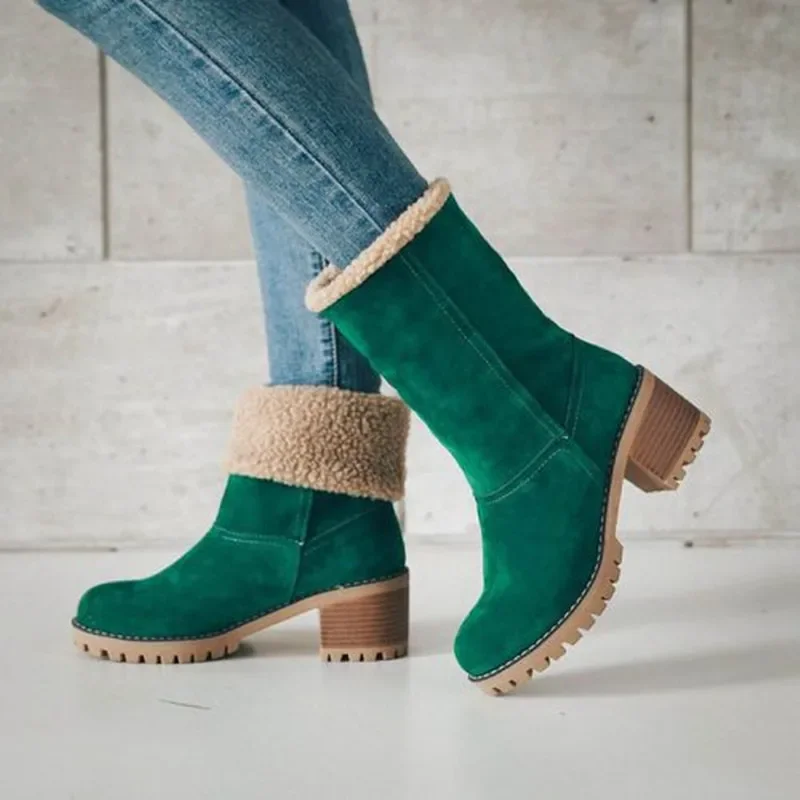 2024Autumn and Winter Fashion New Casual Comfortable Plus Velvet Warm Square Heel Round Toe Solid Color Women\'s Ankle Boots