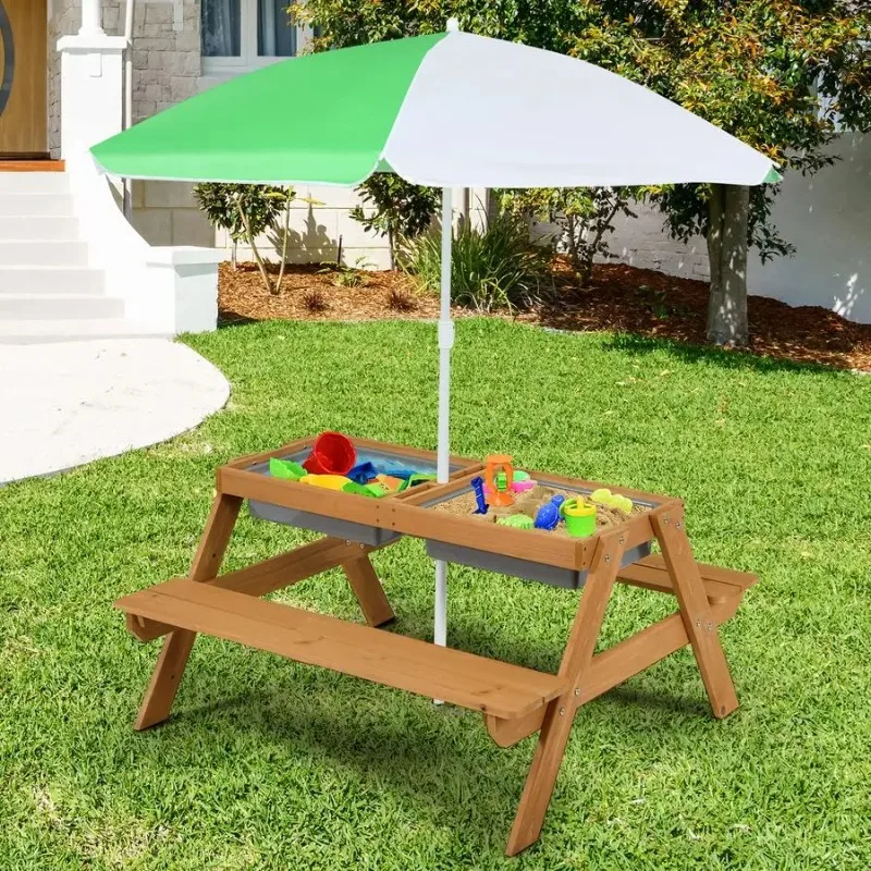 

Kids Picnic Table, 4 in 1 Sand and Water Table w Detachable Tabletop, 2 Removable Play Boxes, Foldable amp Height Adjustable Umb