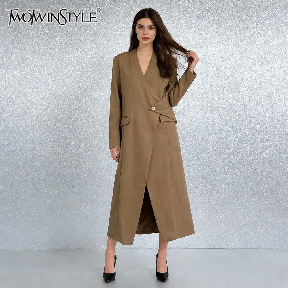 

TWOTWINSTYLE Elegant Minimalist Coffee Single Button Accent Trench for Women V Neck Long Sleeves Slit Hem for Office Commuting