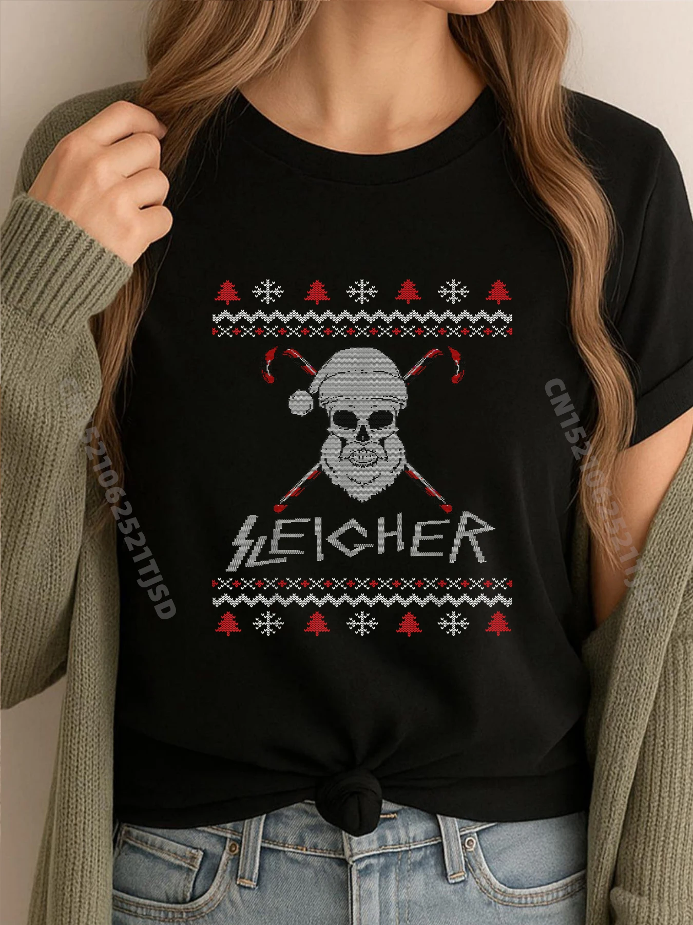 

Sleigher Ugly Christmas Metal Santa Skull Синие и белые футболки с рисунком Женская забавная рубашка Винтаж