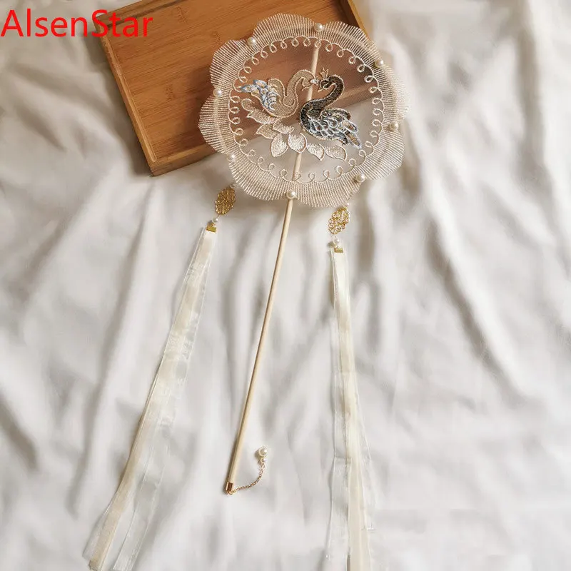 

Long Handle Antique Round Fan with Ribbon, Finished Hanfu Tang Suit, Photo Photography Fan, Performance Dance Party Decoration
