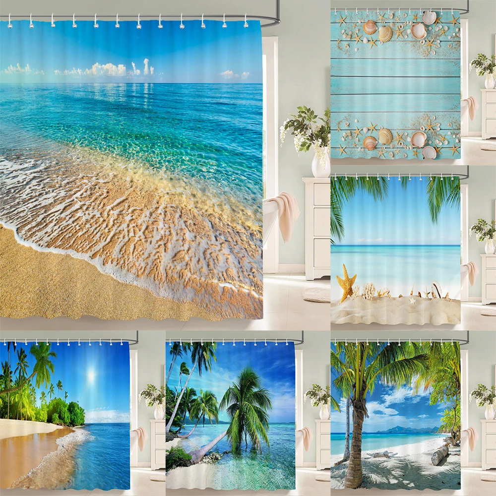 

3d Beach Scenery Shower Curtains Sea Ocean Mediterranean Bathroom Curtain Waterproof Cloth Decoration 180*240cm Bath Curtain