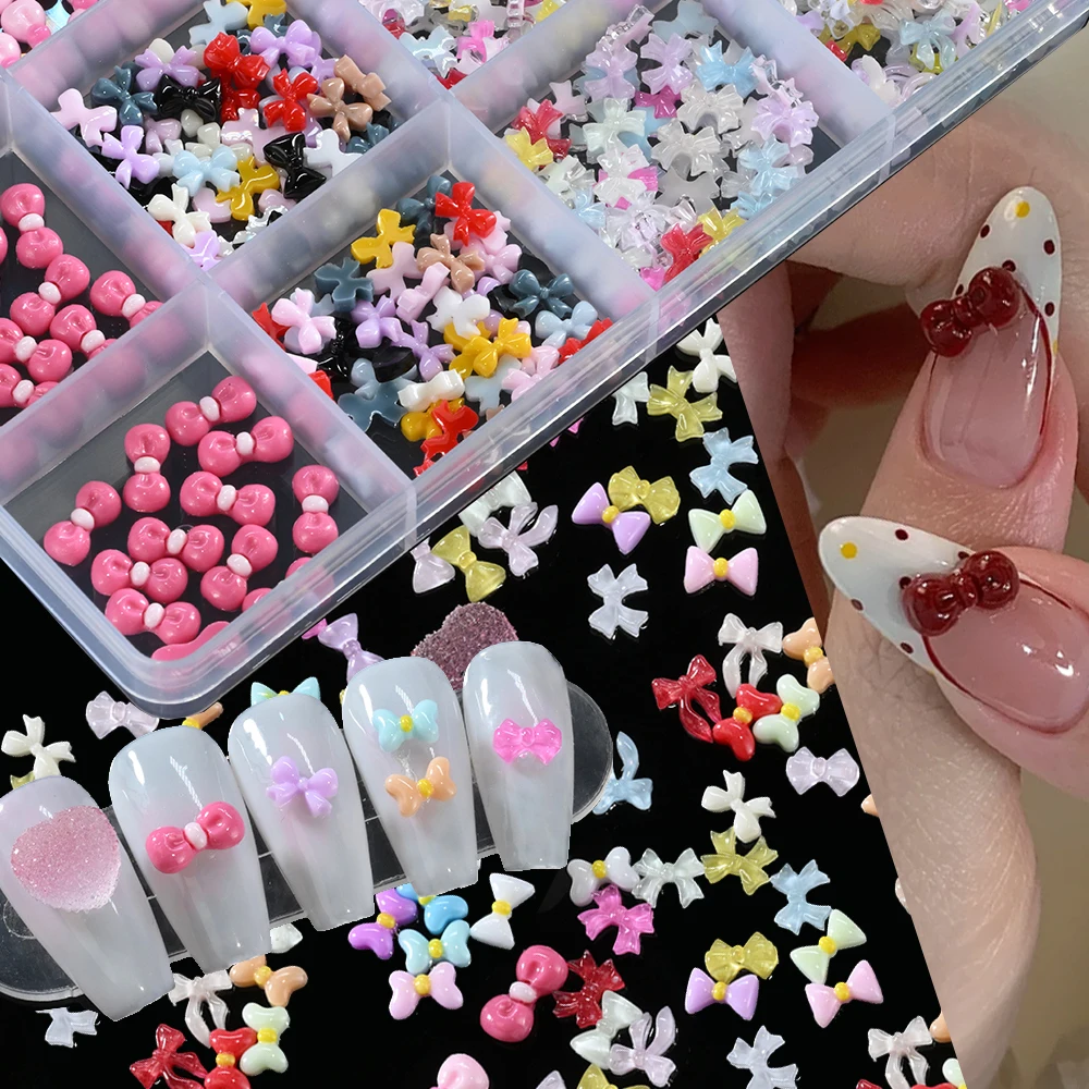 

1box Mixed Candy Color Bowknot Flat Back Nail Art Charms Kawaii Love Gummy Bow Resin Nail Parts Sweet Cute Manicure Decorations