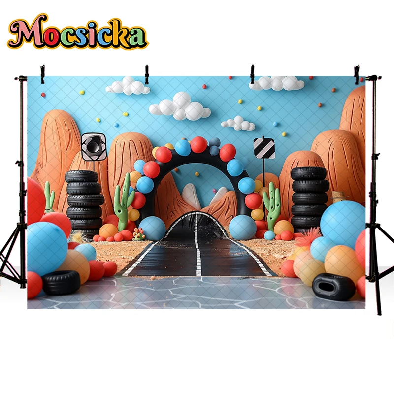 Photography Background Route 66 Race Car Balloon Decor 1st Birthday Party Boys Cake Smash Kids Portrait Backdrop Photo Studio