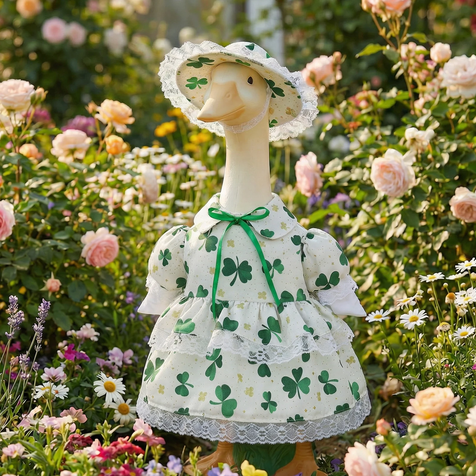Porch Goose Outfits for 23” Statues Spring Porch Goose Clothes with Strawberries and Flowers Print Outdoor Patio Yard Lawn Decor