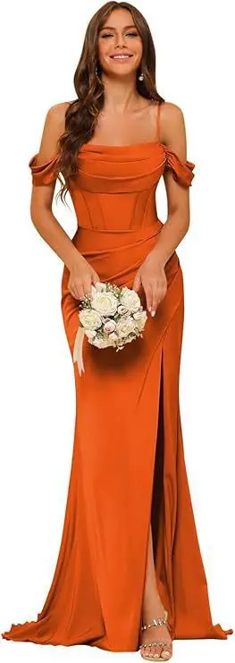 Satin Off-Shoulder Brautjungfernkleid Damen Wasserfallausschnitt Gerafftes Meerjungfrauenkleid mit Hohem Schlitz Maxi-Abendkleid für Hochzeitsfeier Formelle Kleider – Detail 8
