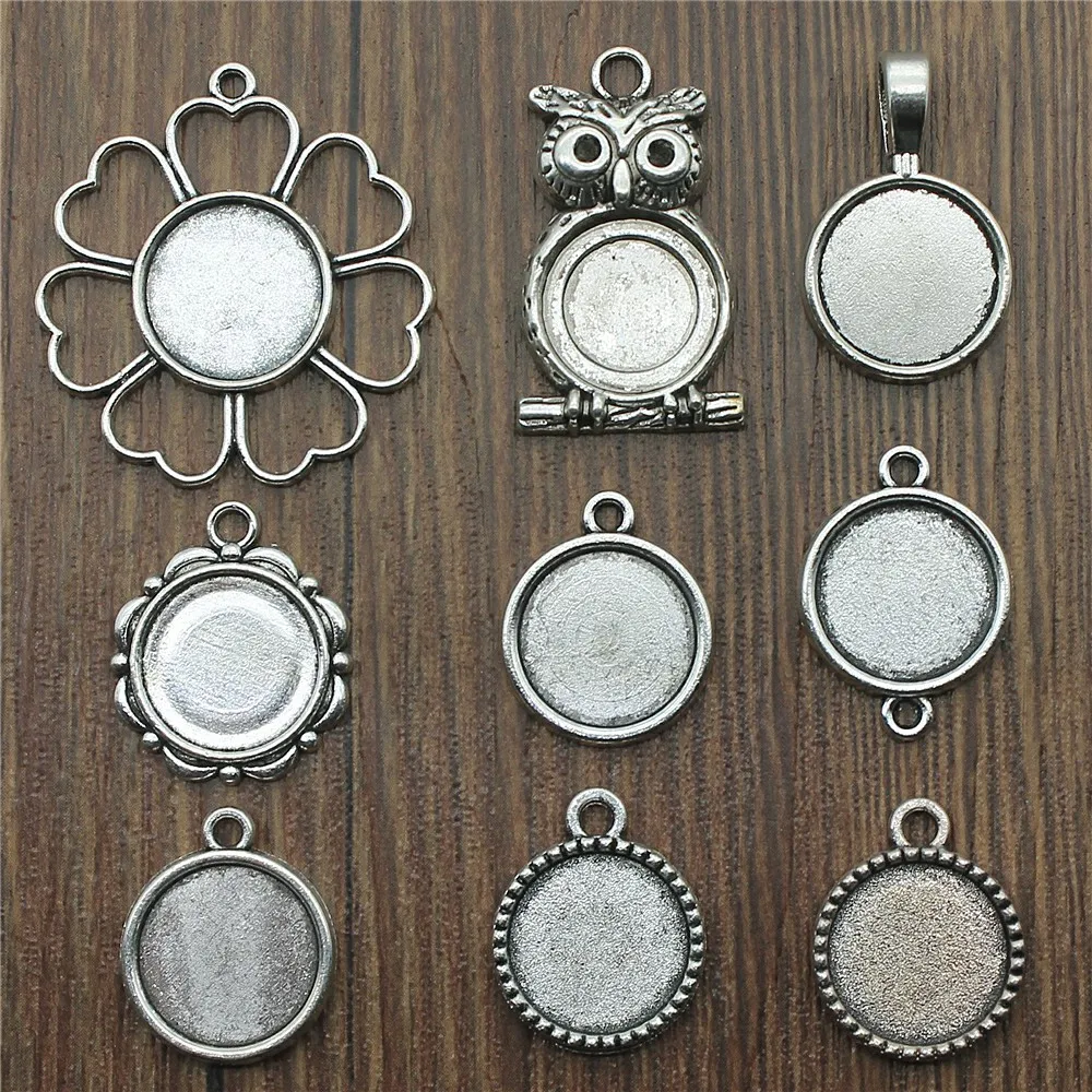 20pcs Fit 14mm Round Glass Cabochon Base Setting Pendant Tray For Jewelry DIY Making Antique Silver Color FM4019