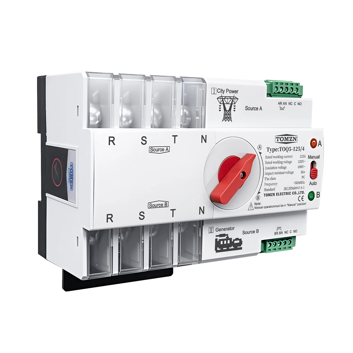 TOMZN 3Phase Din Rail ATS Dual Power Automatic Transfer Switch Electrical Selector Switches Uninterrupted Power 4P 63A 100A 125A
