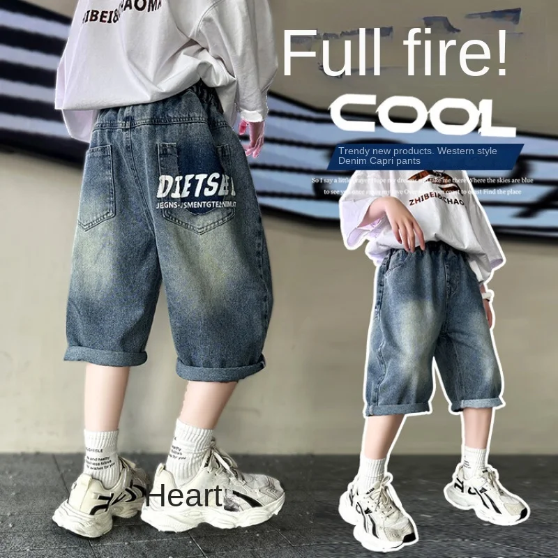 Summer Boys' Denim Shorts Letter Printed Loose Straight Breathable Pants Trendy Pants For Teenagers And Children 6-15 Years Old