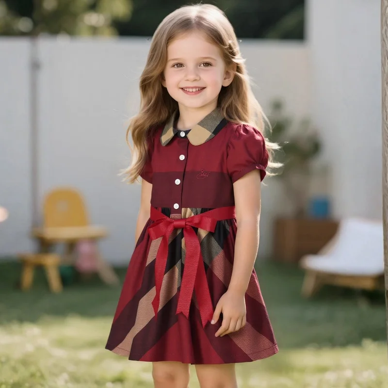 Girl Dress  Fashion Plaid Shirt Dress for Girls Single-breasted Kids Party Dress with Sashes Summer England Clothes for Girls