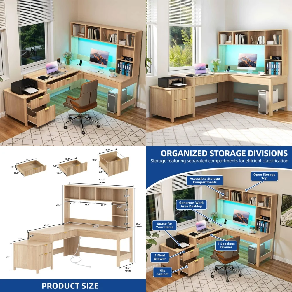Computer desksL Shaped Desk 67 Inch Computer Desk with LED Lights Gaming Desk with Shelf Drawer Modern Office Desk for Home