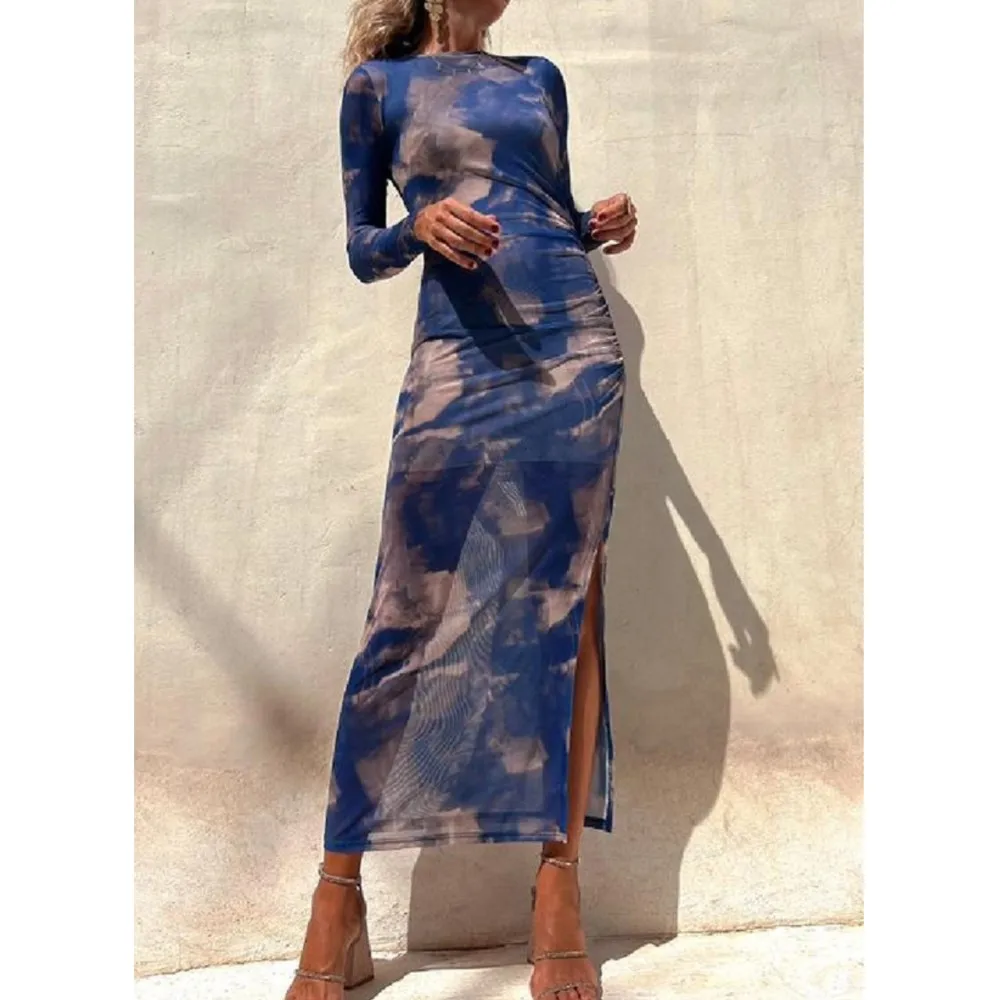 Casual O Neck Sexy Bodycon Dress Women Long Sleeve High Split Vacation Party Dresses Elegant Tie-dye See-through Mesh Dress