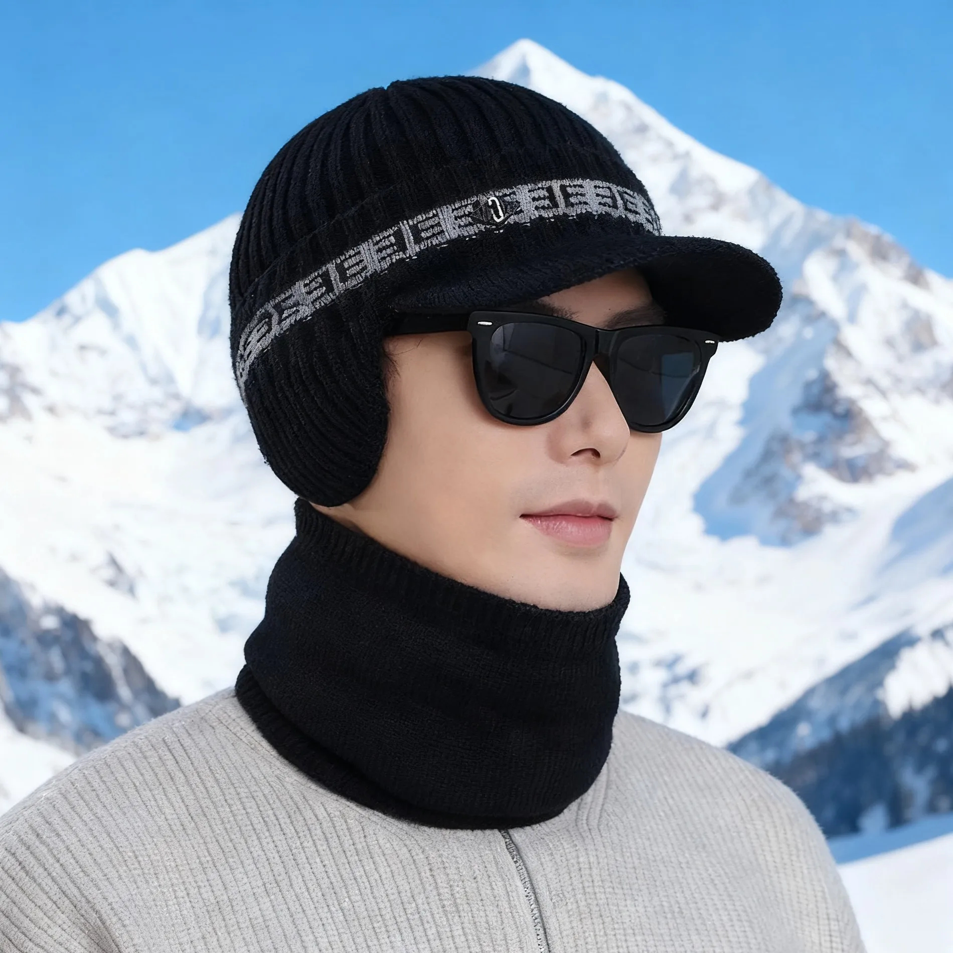 الرجال الشتاء قبعة طقم أربطة عنق 2 قطع الشتاء مجموعة الذكور في الهواء الطلق الصوف الدفء قناع بيني و وشاح مجموعة جديد 2025 الشتاء Hot البيع