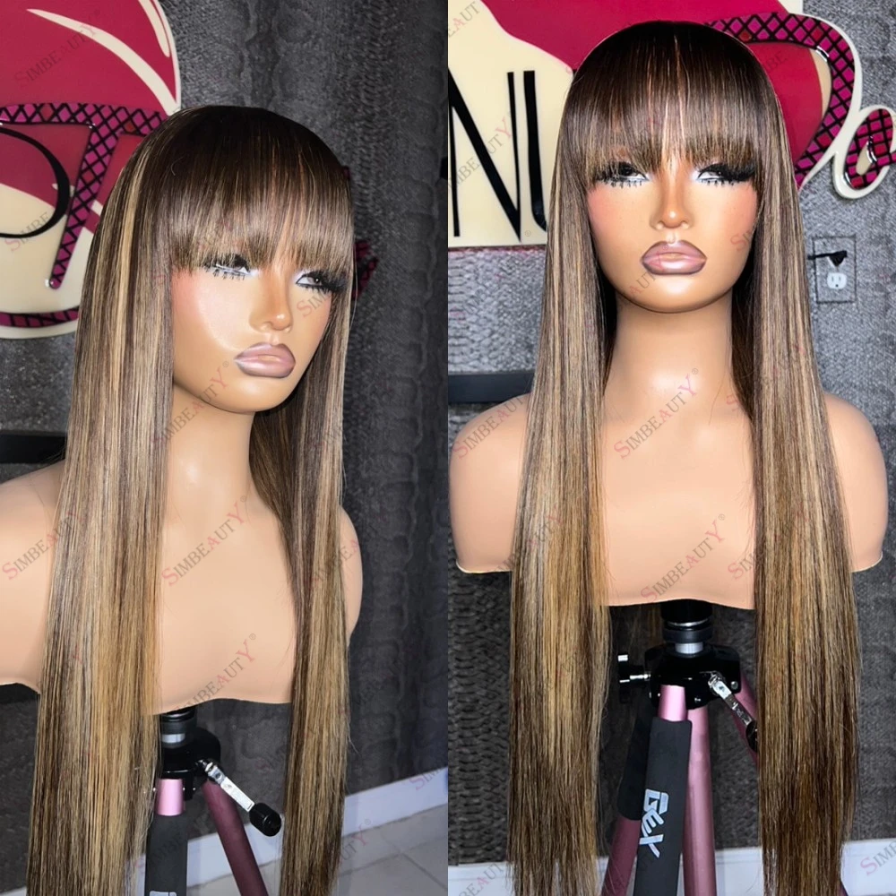 

Fringe Style Cool Honey Blonde Human Hair Silky Straight Highlight Wig 180Density Black Women Glueless 5x5 HD Lace Closure Wig
