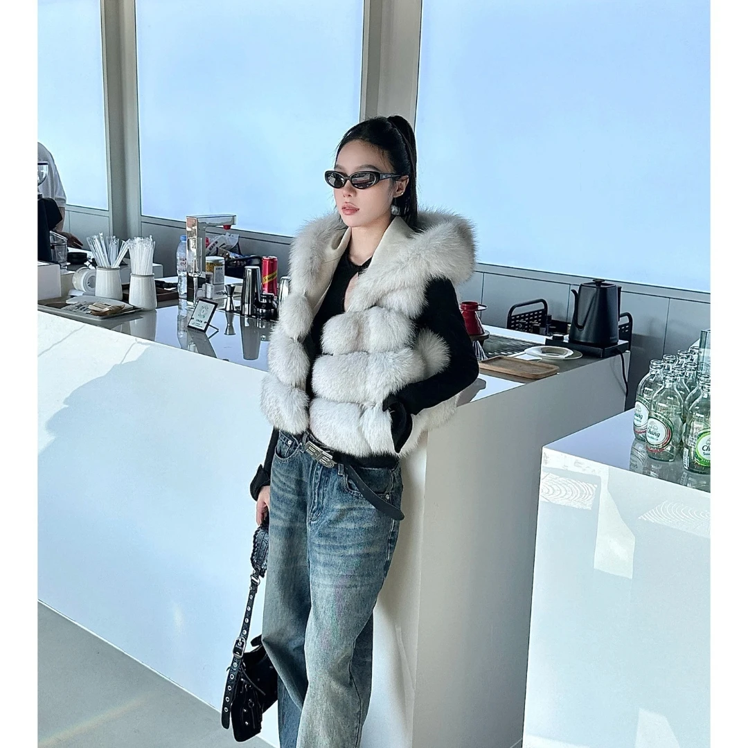 고품질 리얼 폭스퍼 숏 후드 브레드 스몰 베스트, 패션 신상 스타일 베스트, 푹신한 천연 폭스퍼 베스트 (인기 상품)