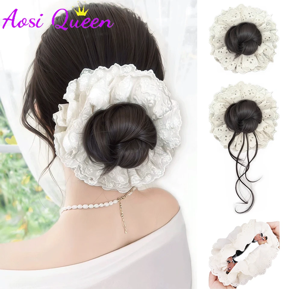 

Ball Head Wig Lace French Hair Ring Elastic Flower Bud Hair Accessories Korean Style Hair Artifact Wig Bag for Women Cool Brown