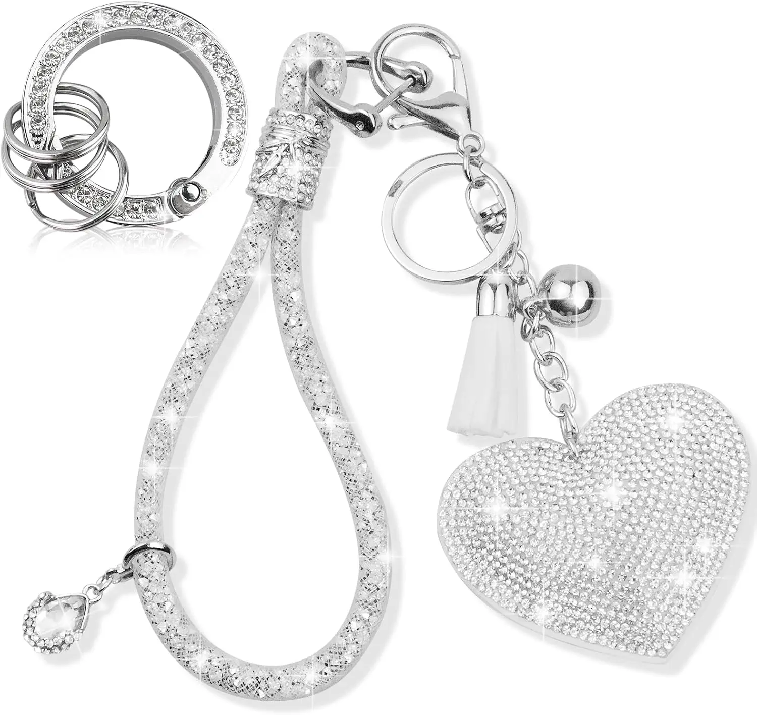 

Crystal Heart Keychain Set with Rhinestones and Tassel Sparkling Car Accessory for Women