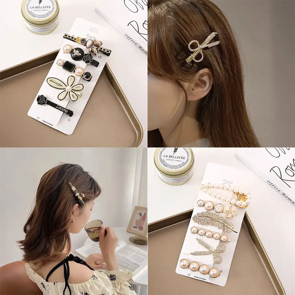 Luxury Rhinestone Imitation Pearl Hair Clip Set Exquisite Scissors Feather Flower Bear Hairpin Fashion Jewelry Hair Accessories