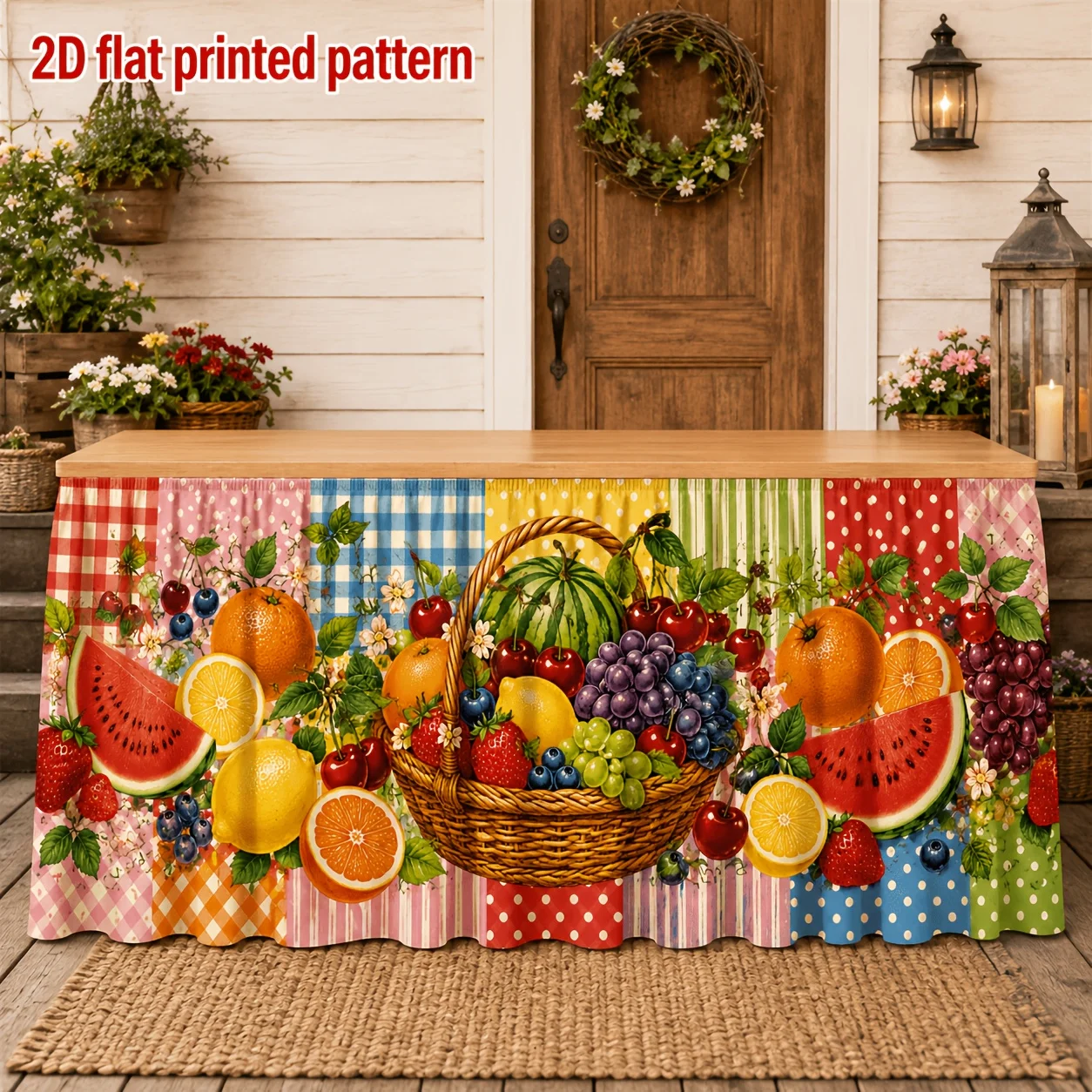One table skirt. Polyester summer fruit patchwork print table skirt. Fruit basket with watermelon, orange, and grape.xzj