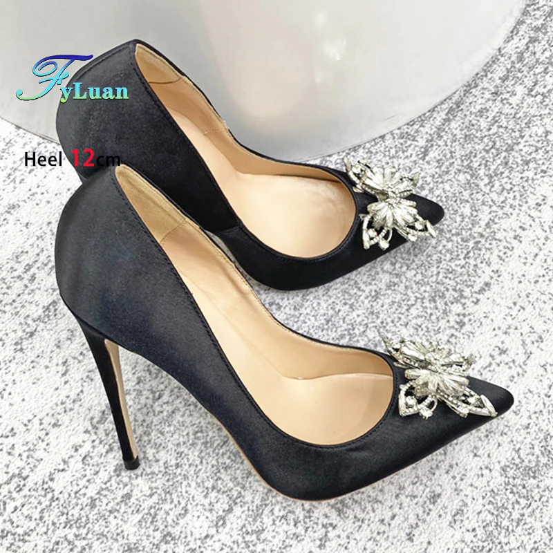 

Spring Autumn New Silk Satin Party Shoes For Women Fashion Diamond Pumps 8CM 10CM 12CM Thin Heels Lady Rhinestone Single Shoes