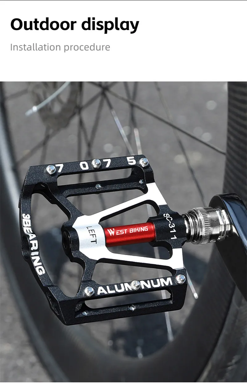 WEST BIKING Fahrrad-Schnellspannpedale mit 3 Lagern, verbreiterte 3-Lager-MTB-Rennradpedale, rutschfeste Aluminiumlegierung, Fahrradteile – Detail 15