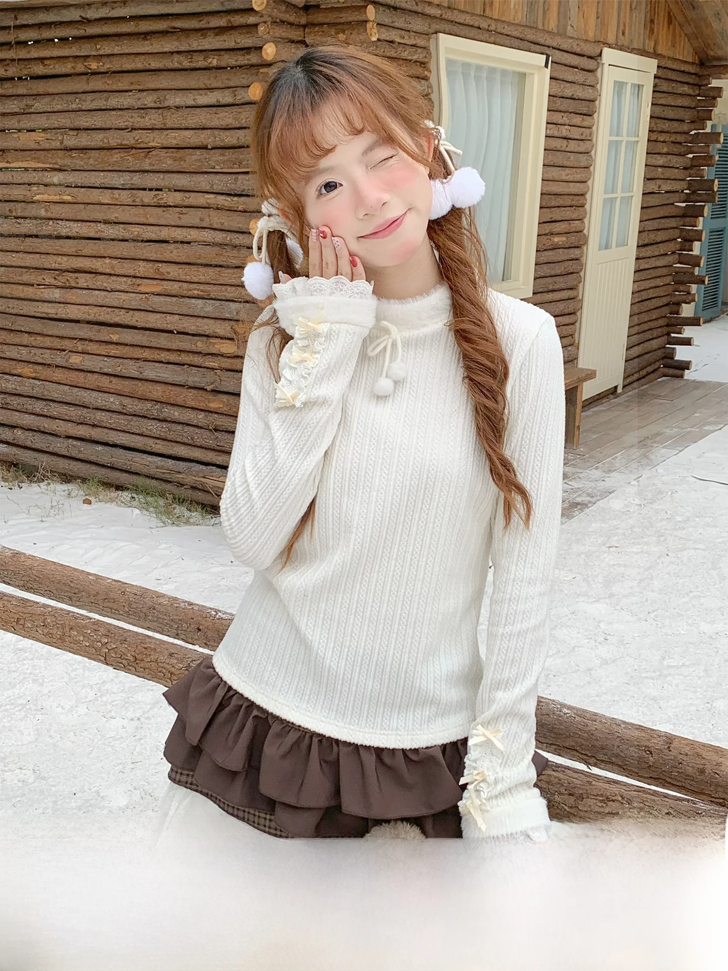

Sinsingirl Sweet Heart Sugar Dust Long Sve High Collar Knot Base irt Зимняя бежевая футболка для девочек Stand Fit