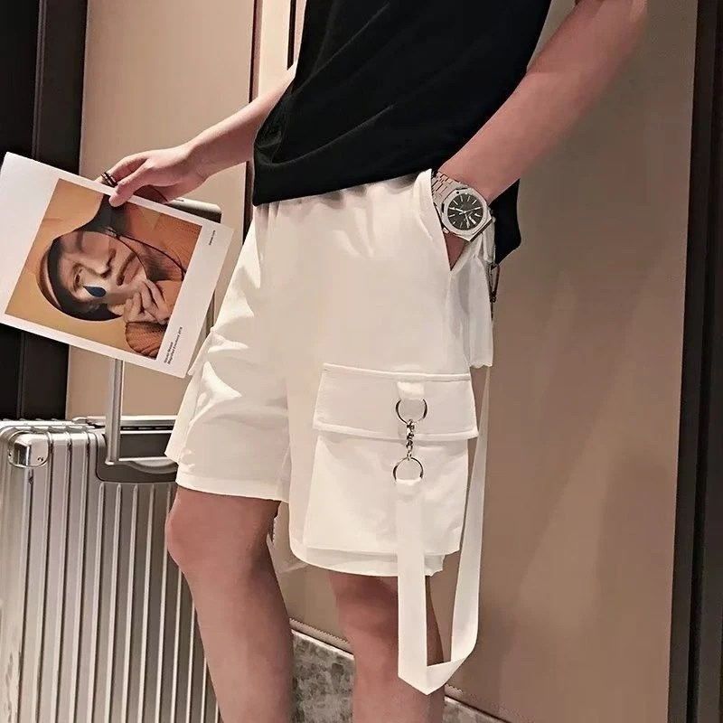 Trendy Men's White Cargo Shorts Summer Fashion Loose Casual Knee-Length Edgy Style Streetwear Versatile Daily Wear Comfortable