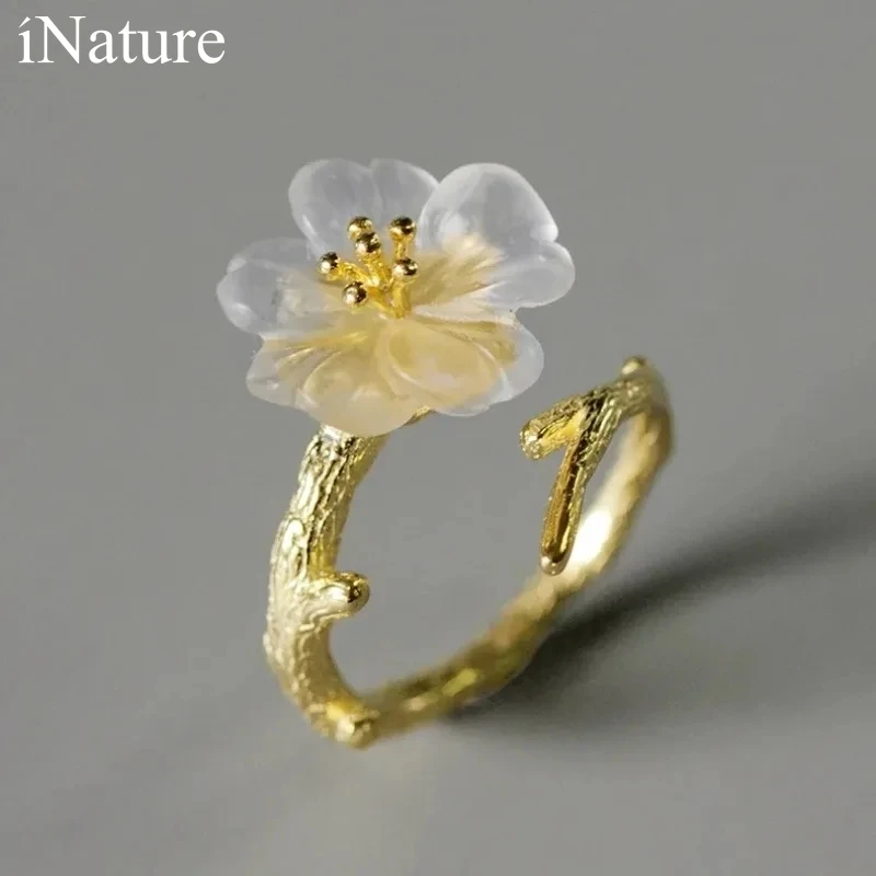 

INATURE Natural Crystal Ring 925 Sterling Silver Creative Jewelry Flower in the Rain Open Adjustable Rings For Women