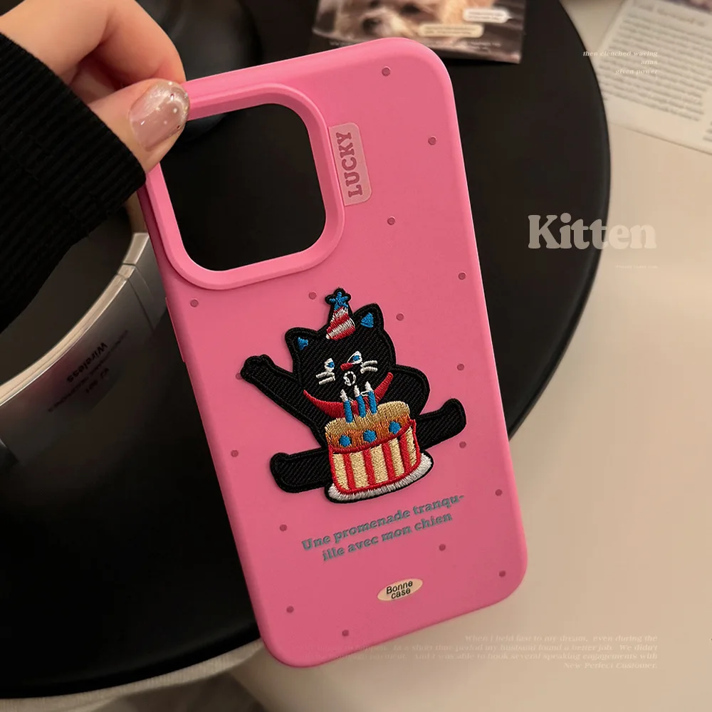 Koreanische Polka Dot Cartoon Kuchen Schwarze Katze Stickerei Telefon Fall Für iPhone 16 15 14 13 12 Pro max Stoßfest Weiche Zurück Abdeckung Funda