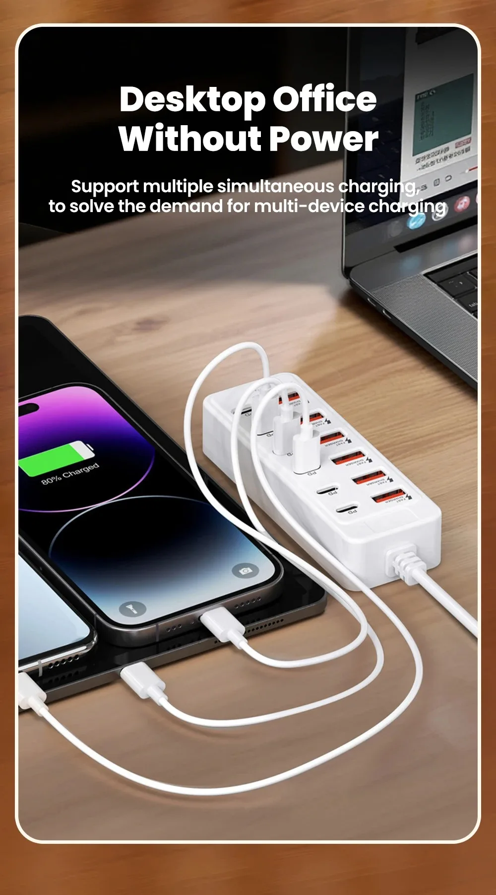 Auto-Schnellladegerät mit Mehrfachanschlüssen, 6-Port USB-Hub-Adapter Telefonladegerät & Stromanzeige, Kompatibel mit USB-C/USB-A-Geräten – Detail 3