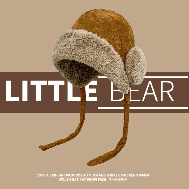 Retro Suede Earflap Bomber Hats for Men Women Winter Thick Fleece Lined Warm Windproof Tie String Warm Ear Protection Caps